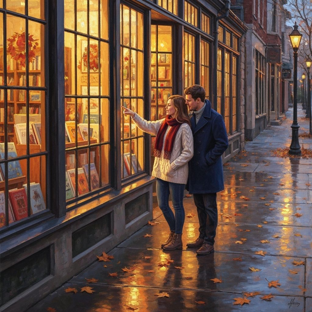 Couple Enjoys Golden Hour Outside Bookstore in Autumn