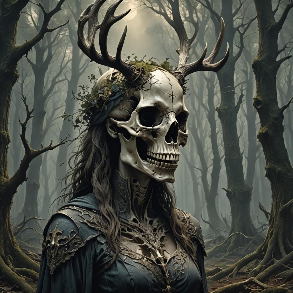 Mystical Forest Horror: Horse Skull Woman with Antlers