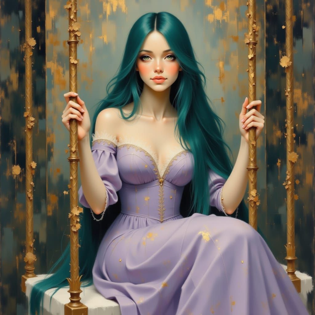 Elegant Woman on Rococo Swing in Boucher Style