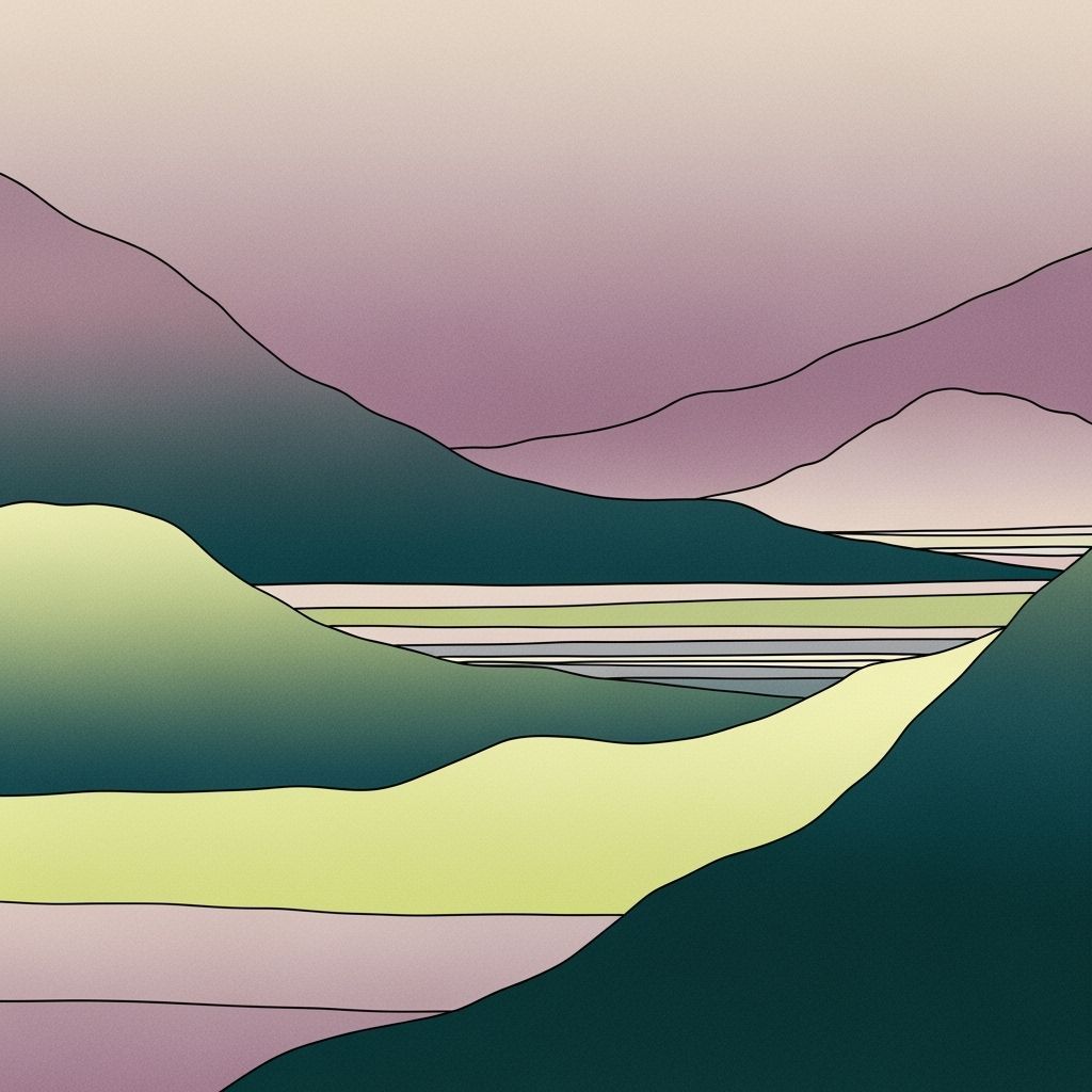Serene Pastel Landscape with Graphic Black Lines