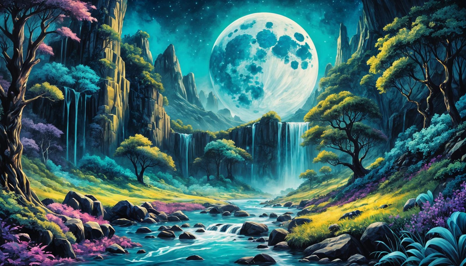 Lush Moonlit Landscape in Watercolor and Ink