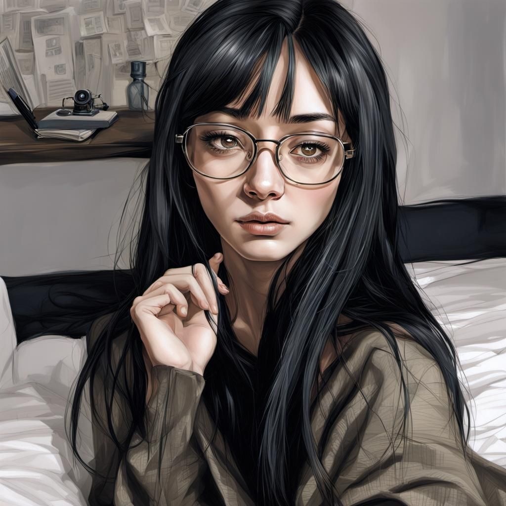 Realistic Portrait of Girl with Glasses on Bed