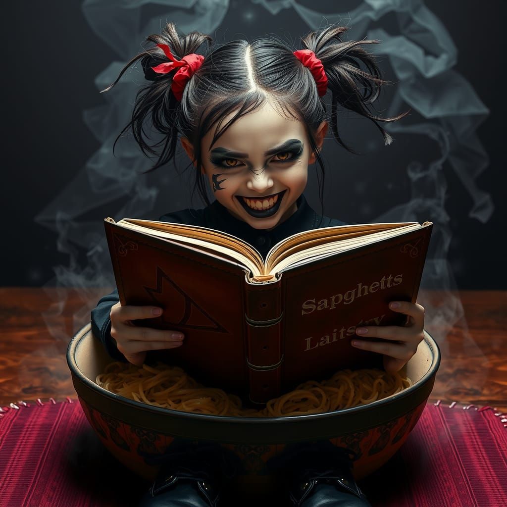 Goth Girl Smirking in Spaghetti, Hyper-Realistic