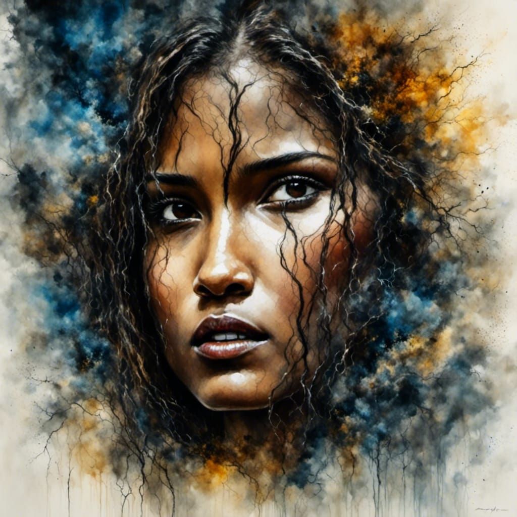 Watercolor Figure Amidst Burning Fires