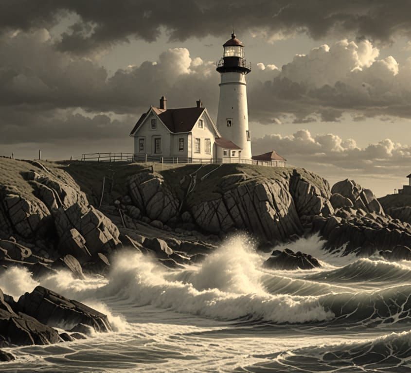 Vintage Lighthouse Pencil Drawing on Rocky Shore