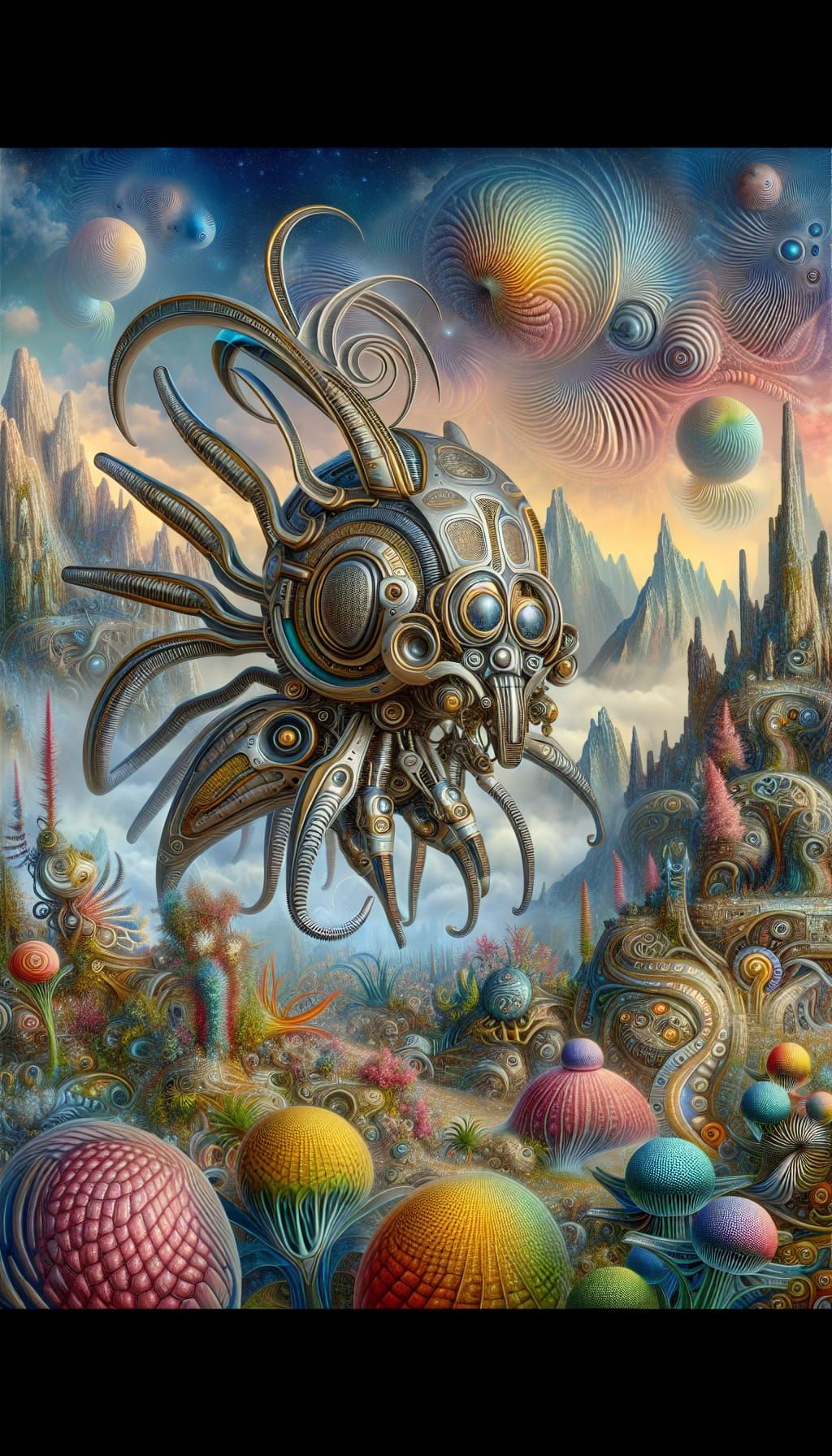 Alien Robot in Whimsical Fantasy Landscape