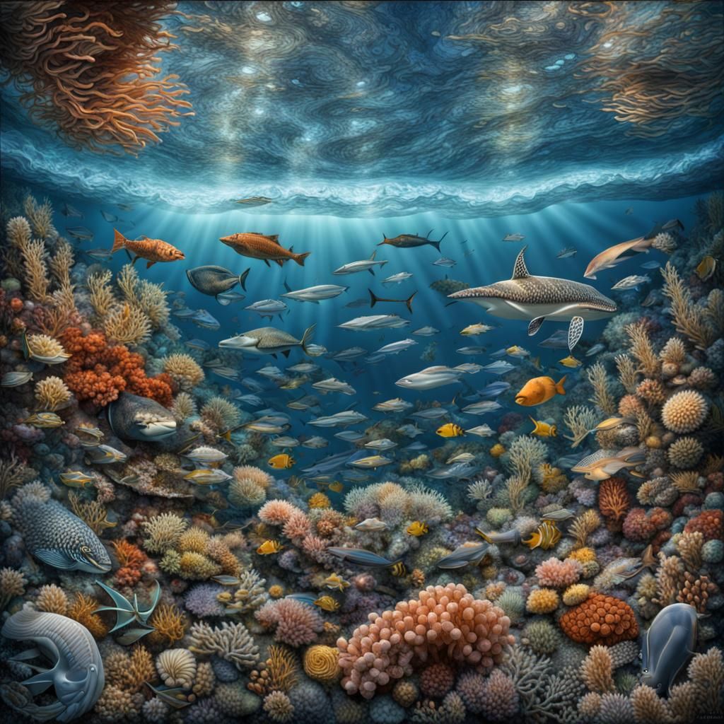 Hyperrealistic Ocean Life Mosaic in HDR