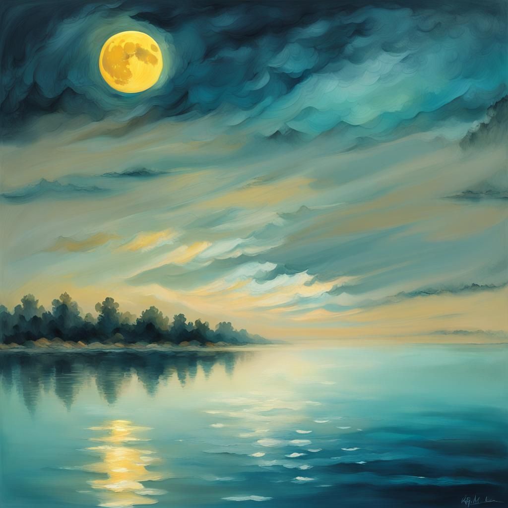 Tranquil Lakeside Scene with Moon in Impressionist Style
