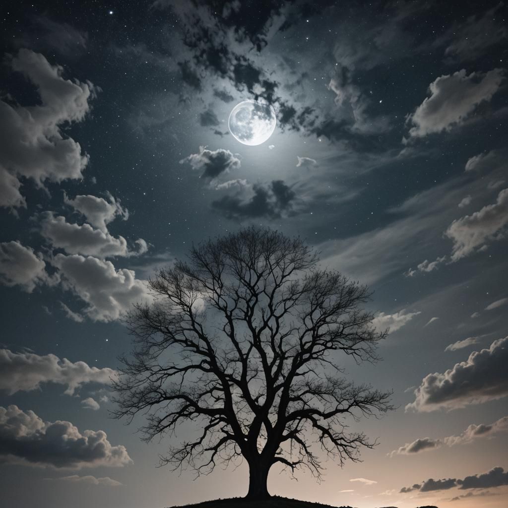 Moonlit Tree on Hill Under Cloudy Night Sky