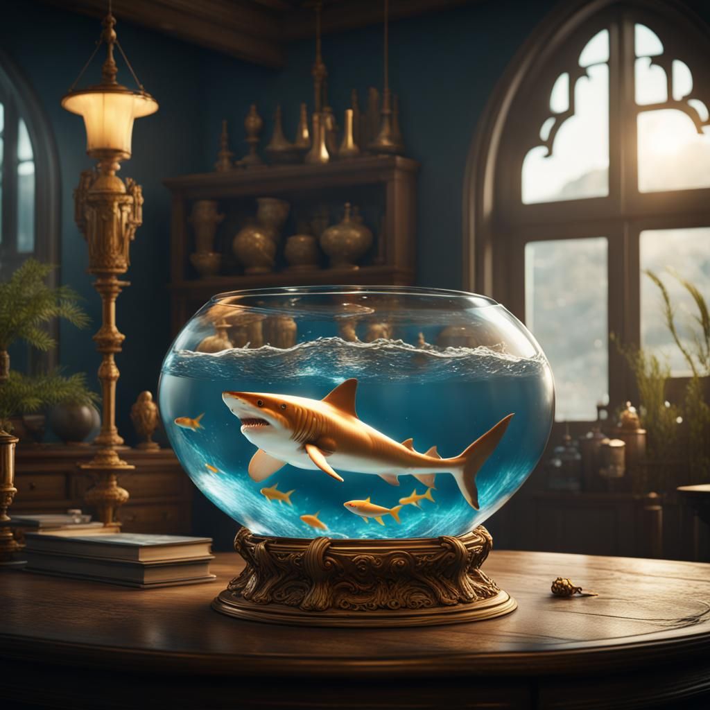 Shark in Goldfish Bowl: Detailed Matte Painting