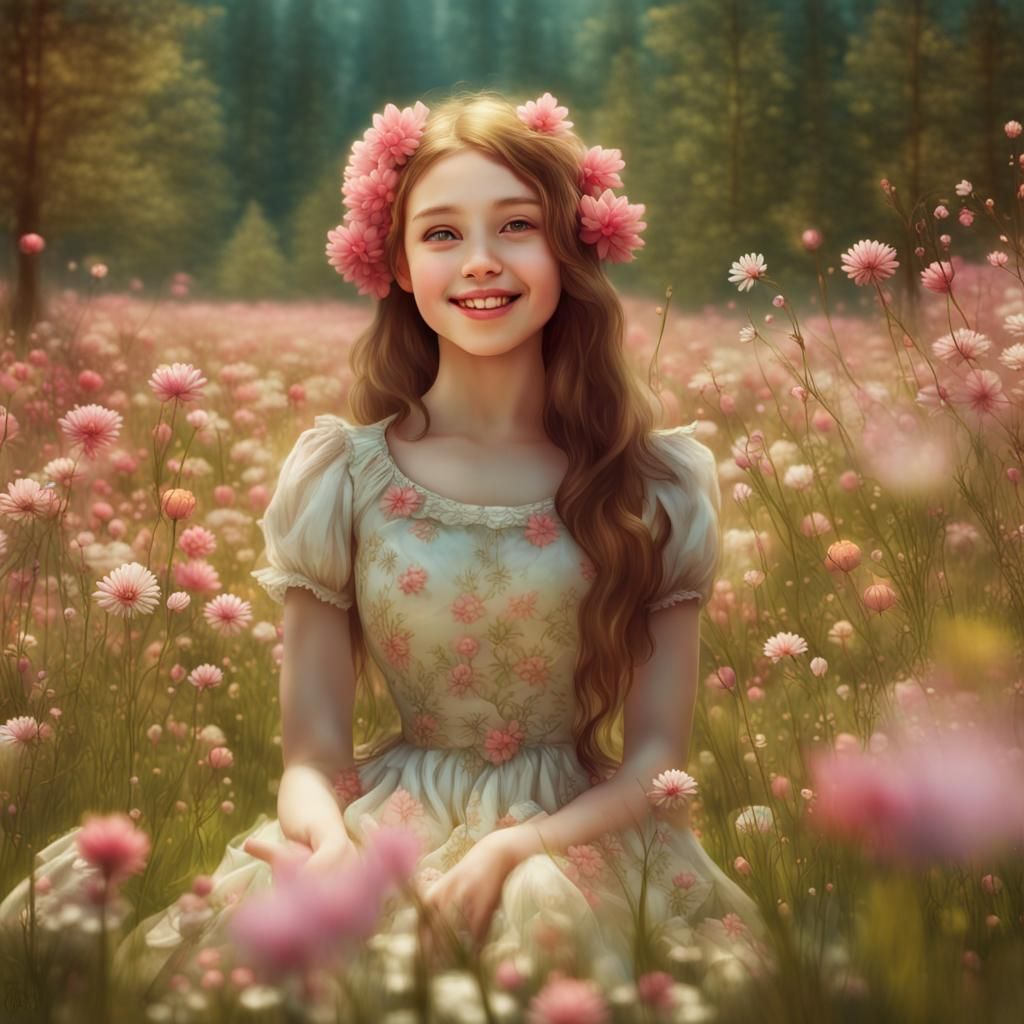 a natural girl in a meadow of blossoms