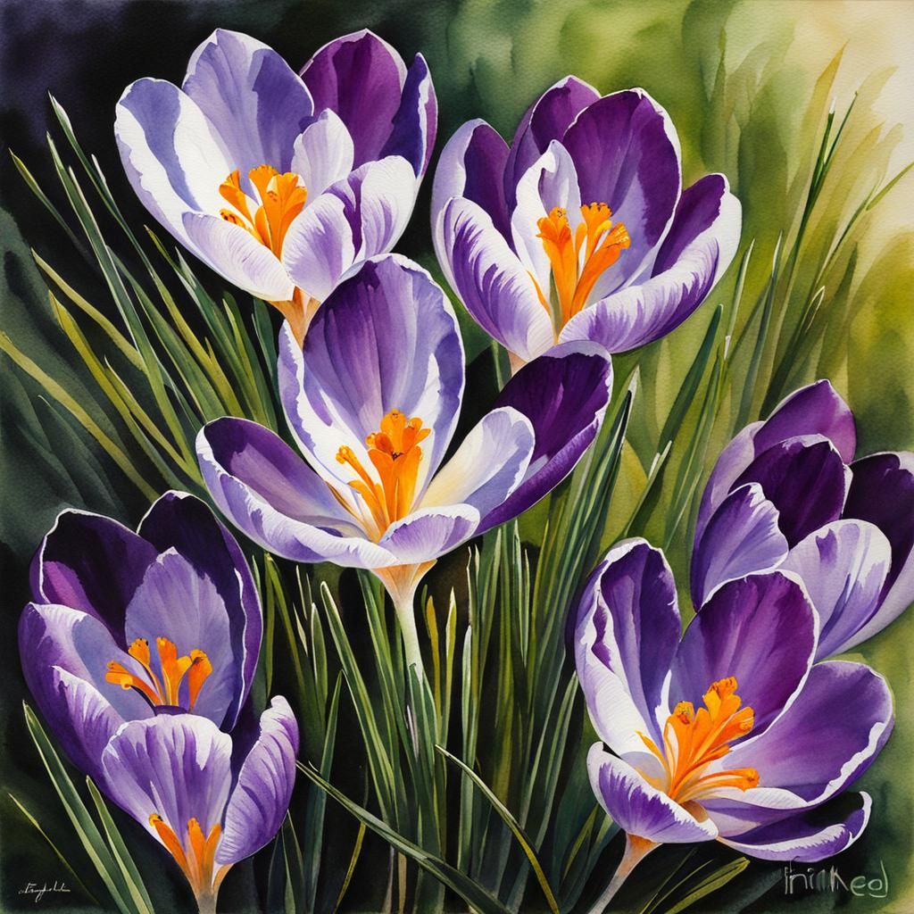 Crocus Flowers in Watercolor Style