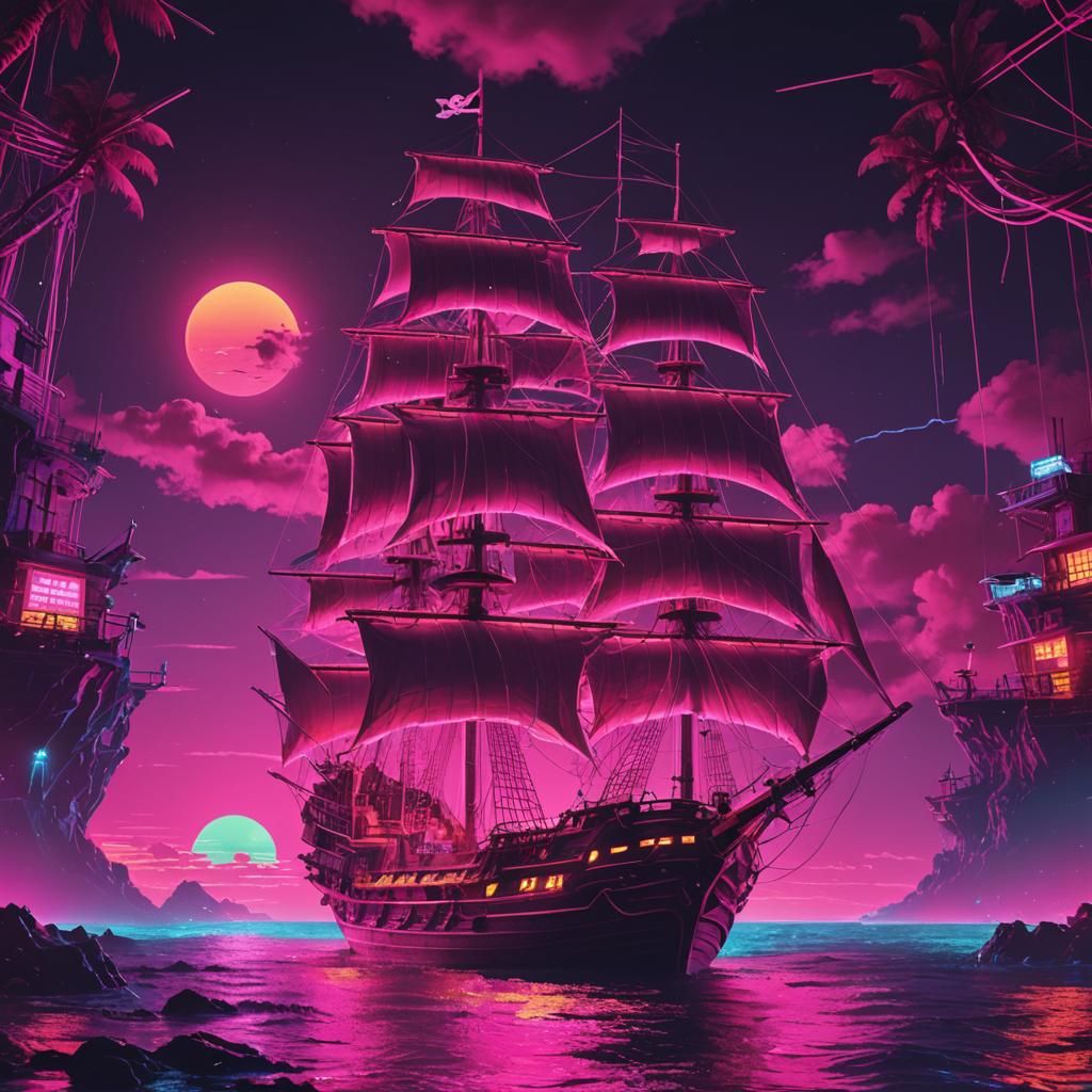Synthwave Pirate Ship on Neon Sea