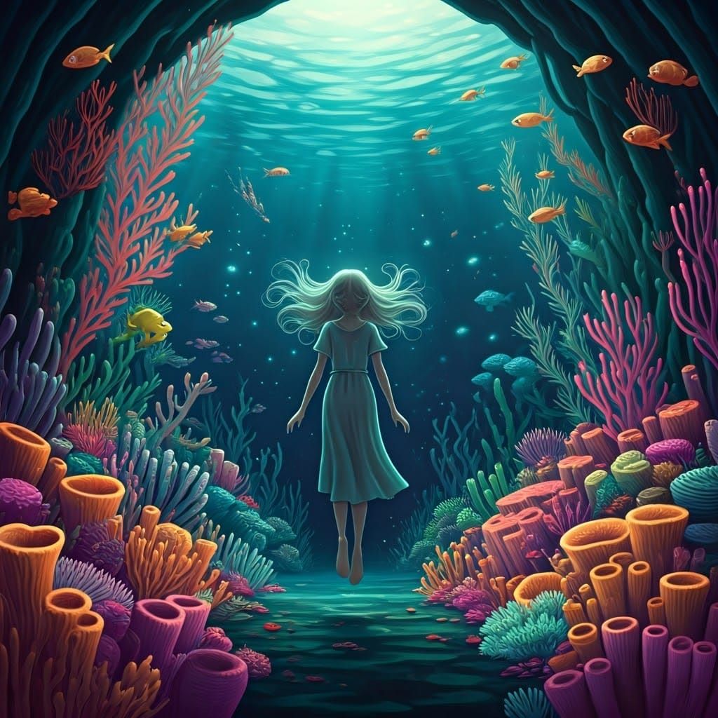 Girl Explores Enchanted Underwater World in Whimsical Style