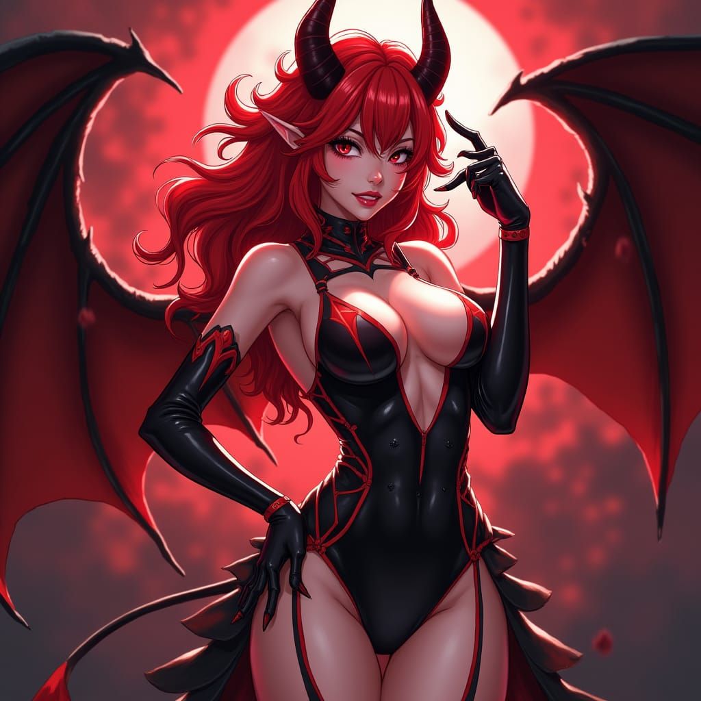 Seductive Demon Queen in Crimson Anime Style