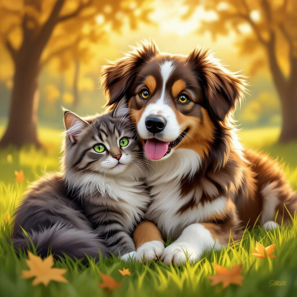 Dog and Cat Cuddling in Park, Realism Style
