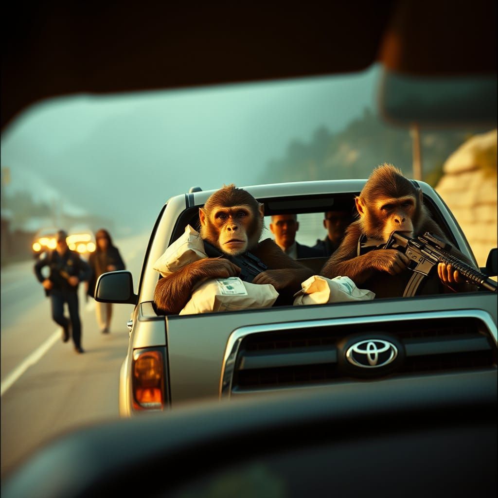 Monkeys Robbing a Bank: Cinematic Film Still