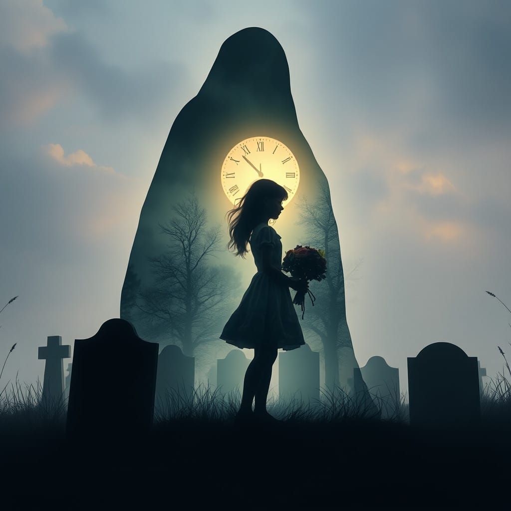 Surreal Ghost Silhouette Filled with Graveyard Scene in Whim...