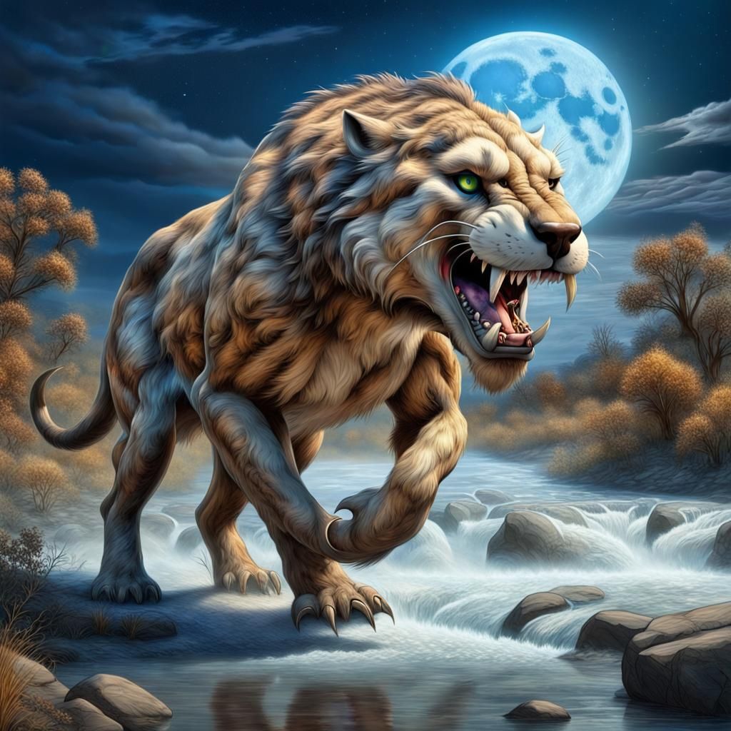 Smilodon in Prehistoric Landscape with Blue Moon