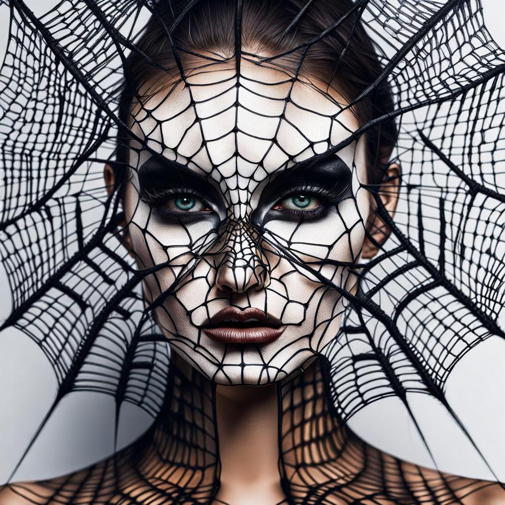 Frightened Girl with Spiderwebs on Face