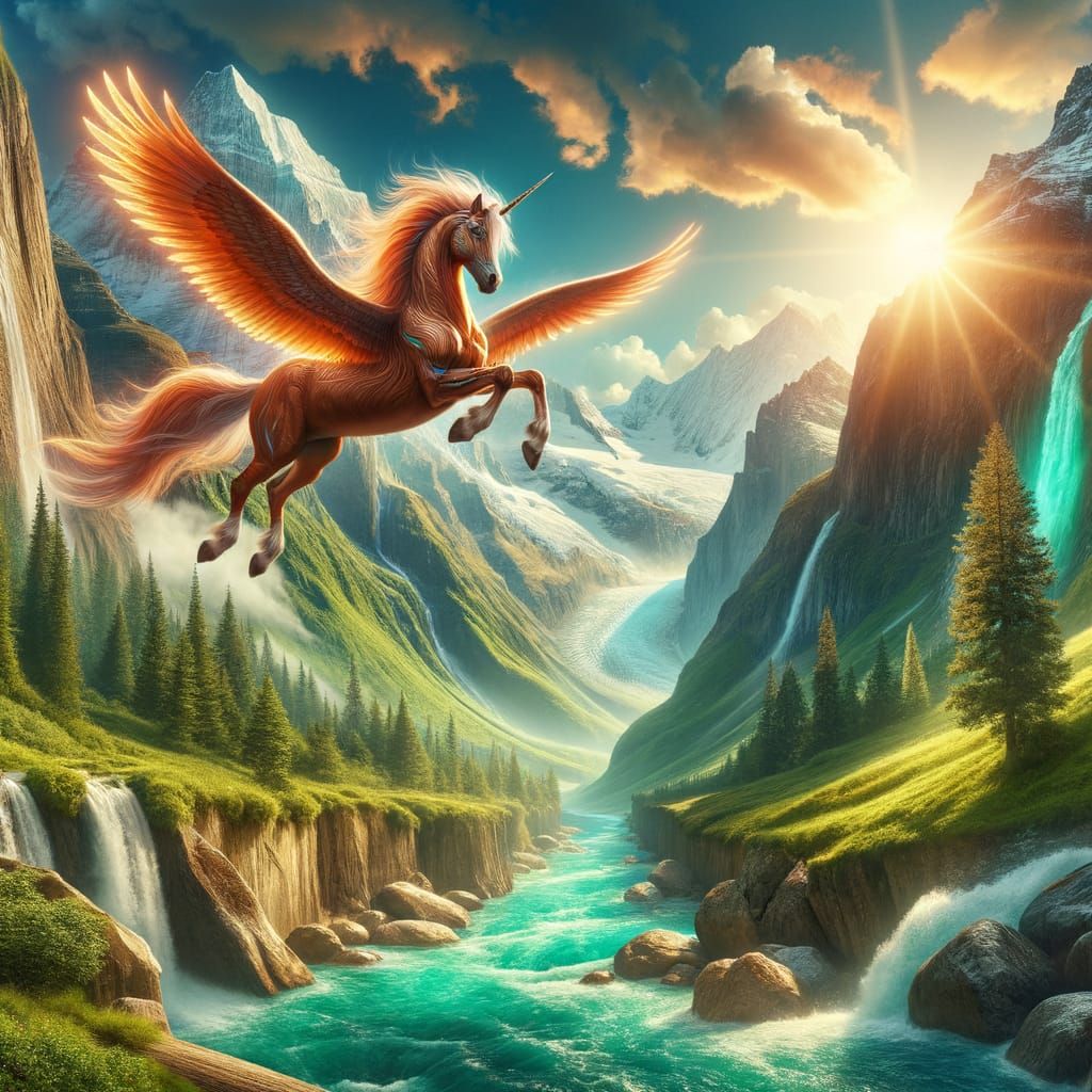 Majestic Pegasus Soaring Over Alpine Ravine