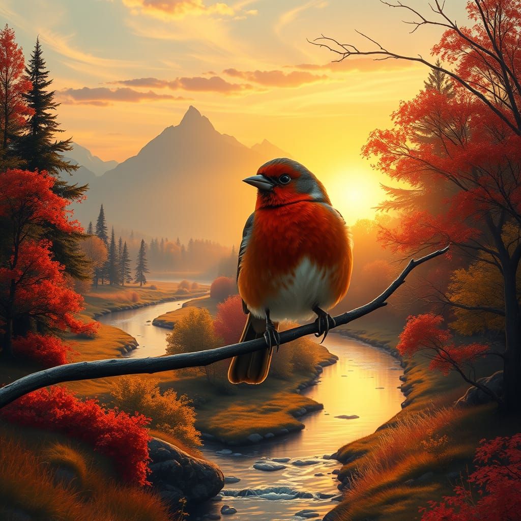 A Proud Red Robin sitting Bathed in the warm glow of a sunrise, a tranquil landscape unfolds, where gentle curves of a s...