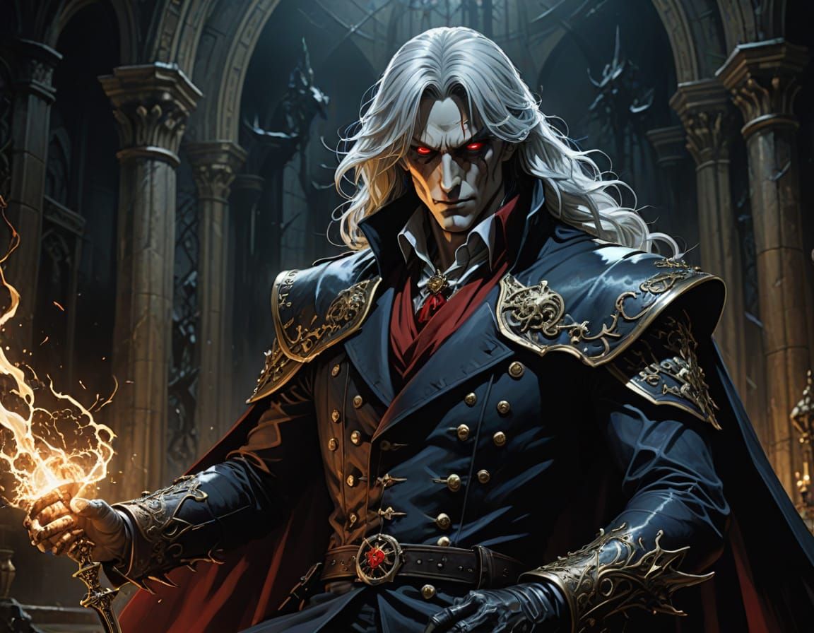 Vampire Lord Alucard in Dark Castle, Electric Hair, Blue Eye...