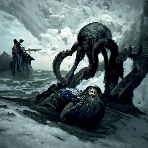 Kraken Attack in Horror Art Style