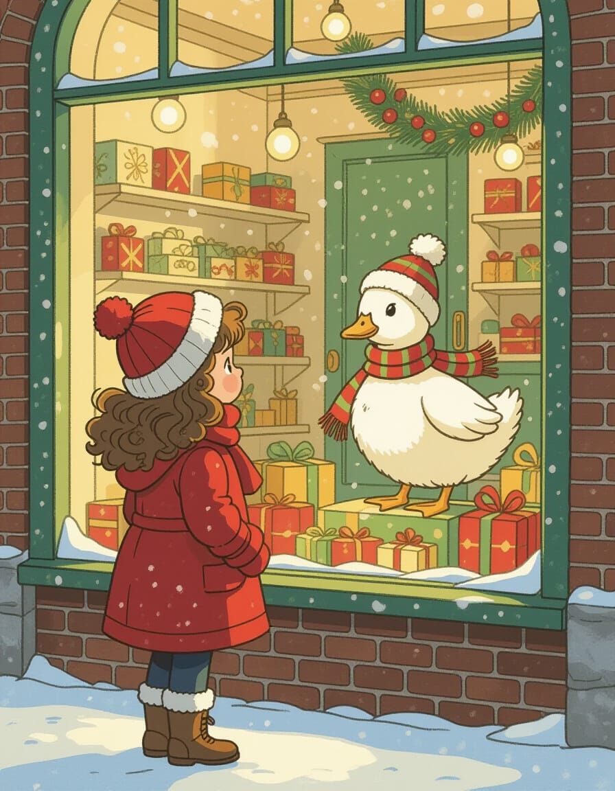 Girl Gazes at Toy Store Window in Winter
