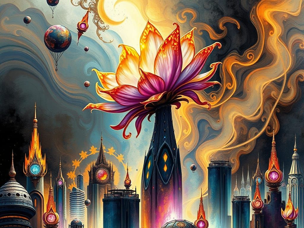 Cosmic Bush Blooms Amidst Futuristic Teslapunk City