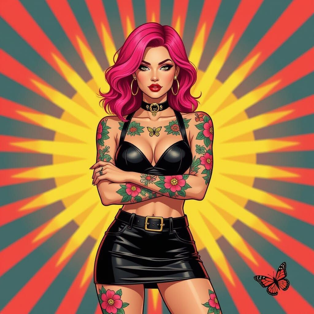 Vibrant Pop Art Woman with Floral Tattoos