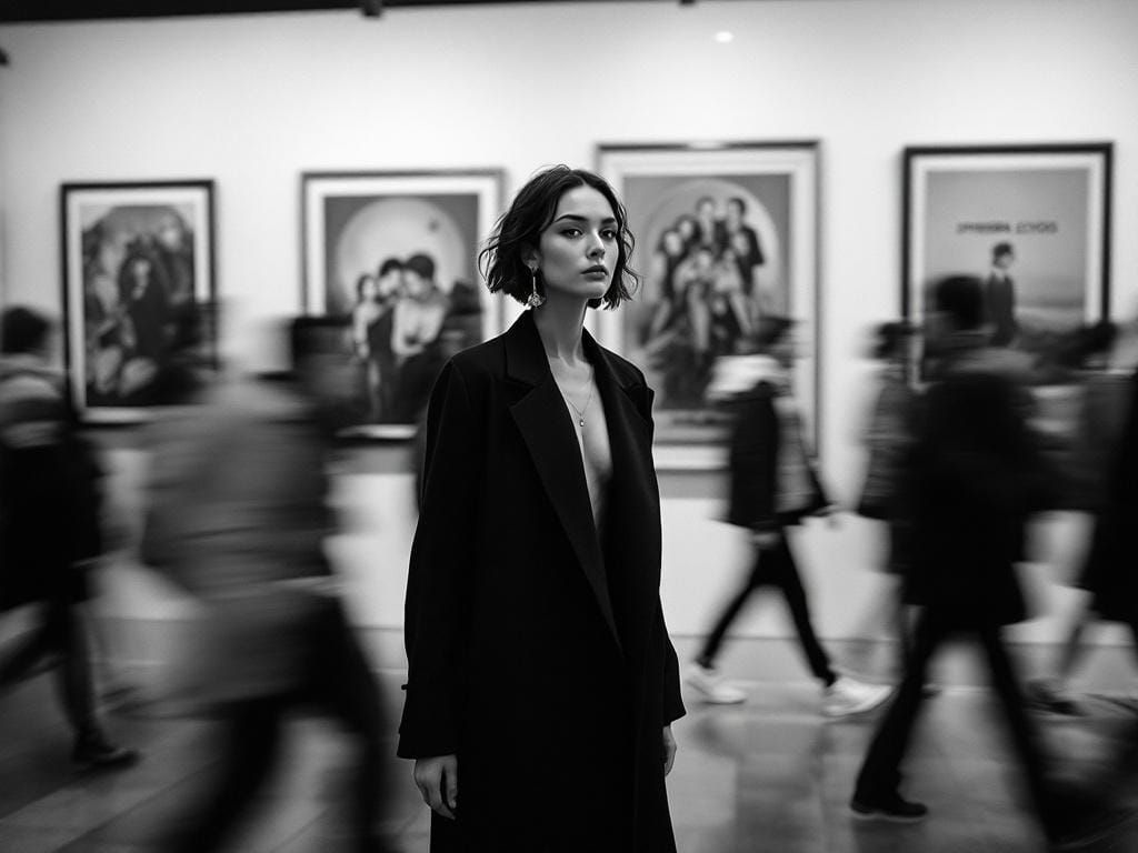 Contemplative Woman in Gallery, Black and White Photography