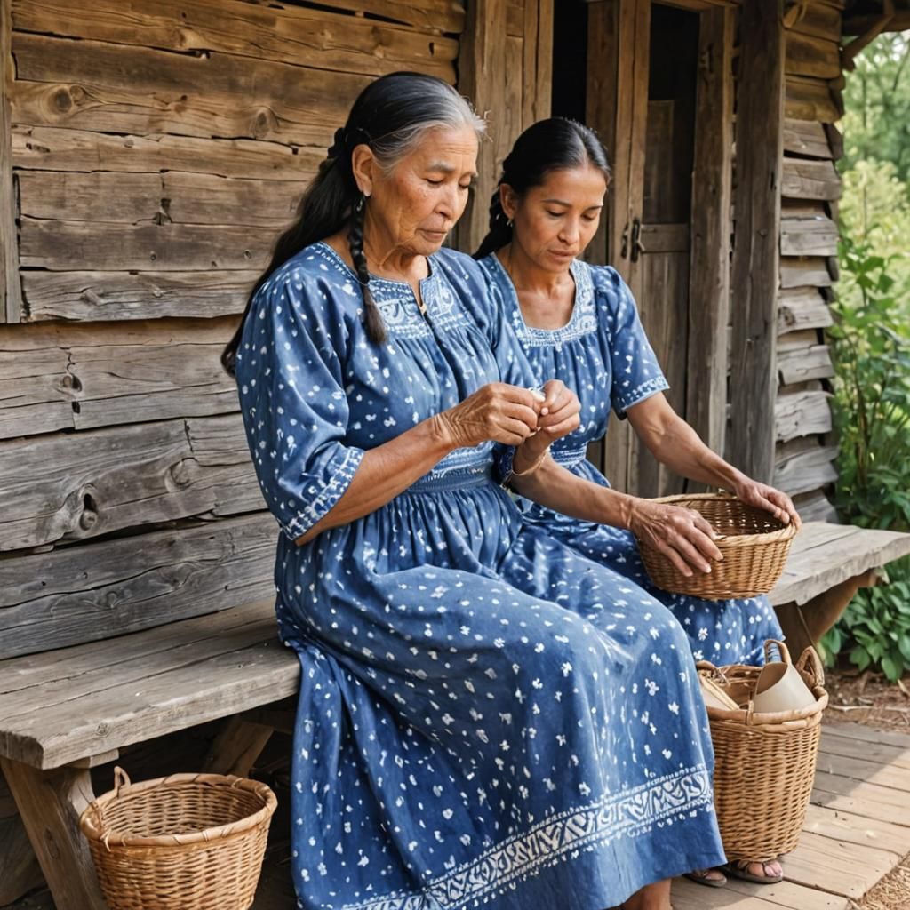 Cherokee Grandmother Teaching Weaving: Acrylic on Canvas