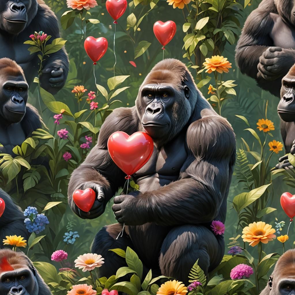 Loving Gorilla with Balloon in 3D Pixar Style