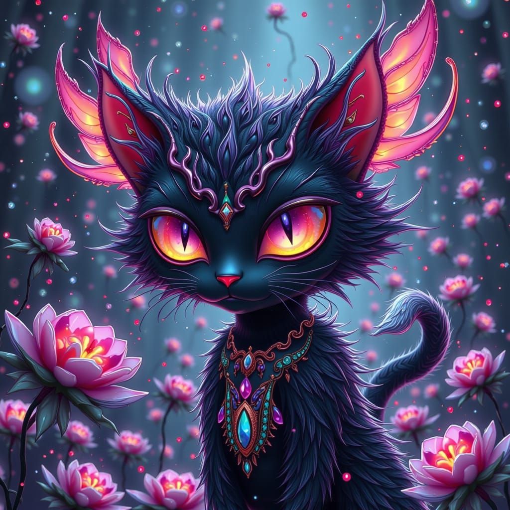 Whimsical Goth Cat in Maximalist Cutecore Style