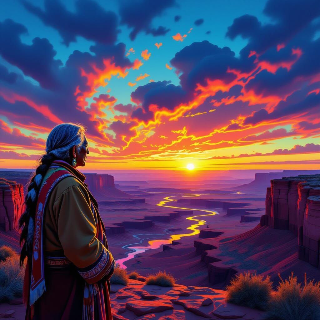 Navajo Elder Overlooking Surreal Landscape at Dawn