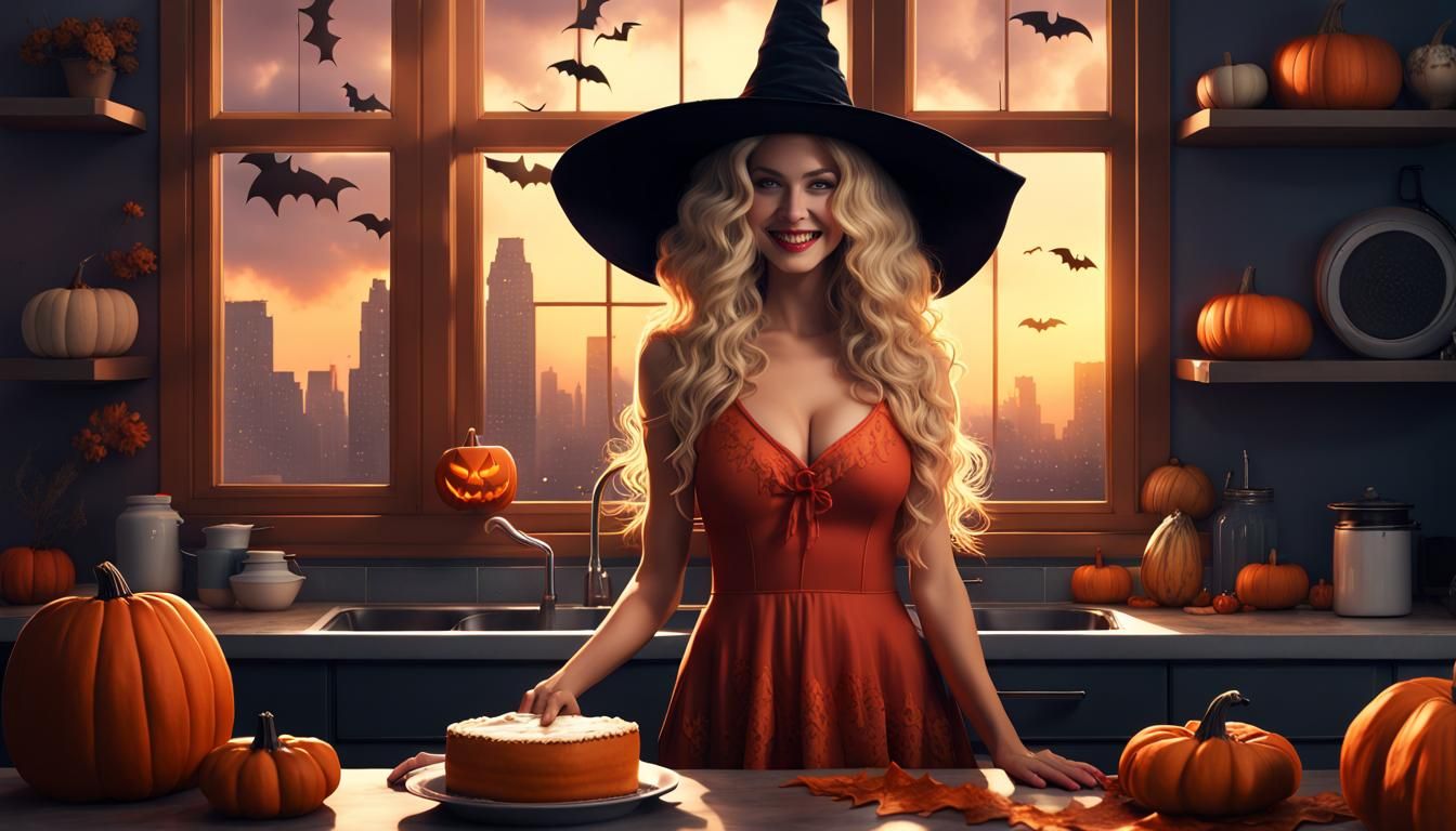 Blonde Woman Making Pumpkin Pie in Kitchen