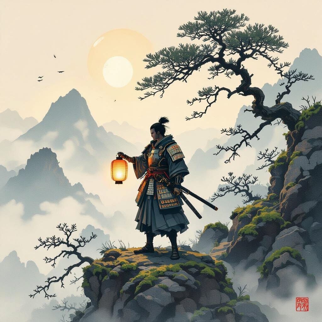 Samurai on Misty Peak in Ukiyo-e Style