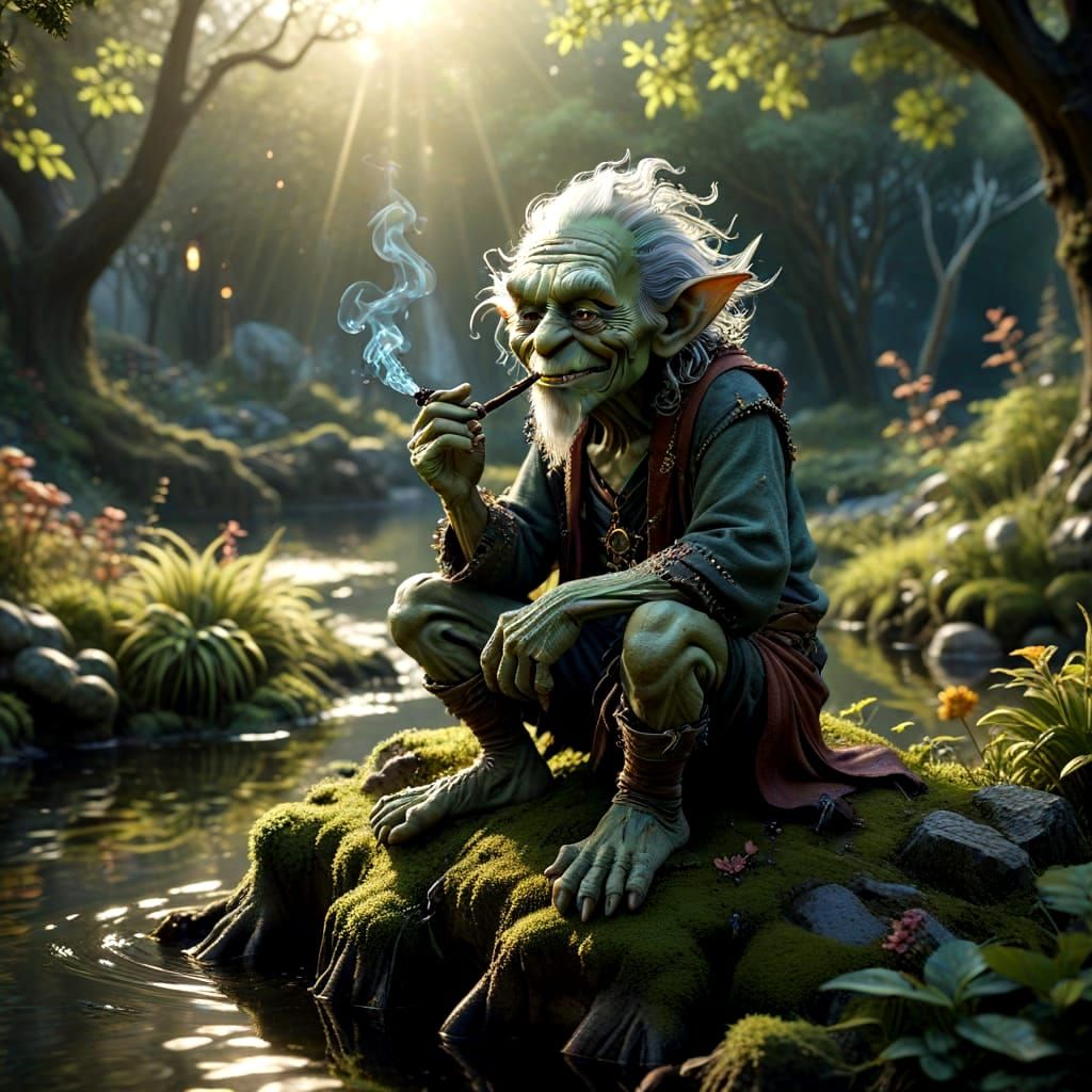 Ethereal Goblin Seeks Wisdom by Serene Pond