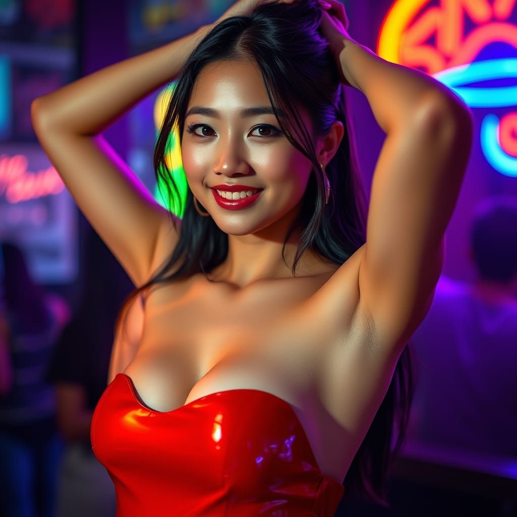 Young Asian Woman in Red Dress Embracing Club Atmosphere