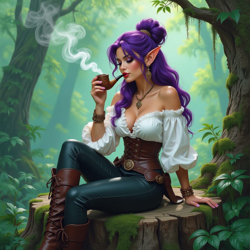 Elf with Purple Hair in Fantasy Oil Painting