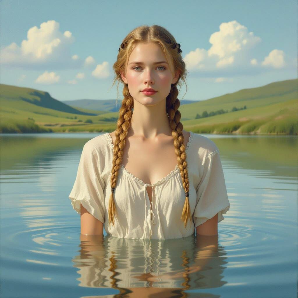 Nordic Woman in Lake Reflecting Sky, in Impressionist Style