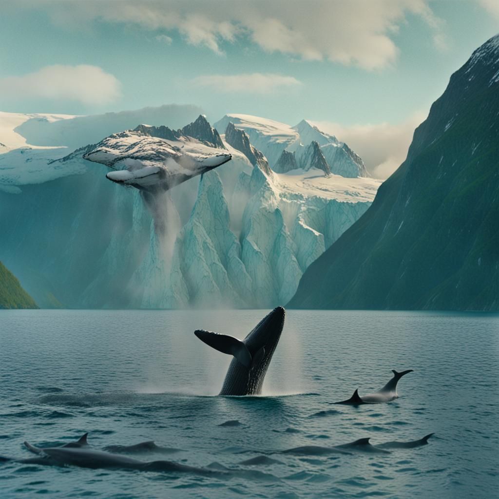 Whale Breaching with Dolphins in Nordic Fjords
