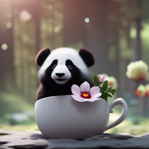 Fluffy panda baby sitting in a tea cup