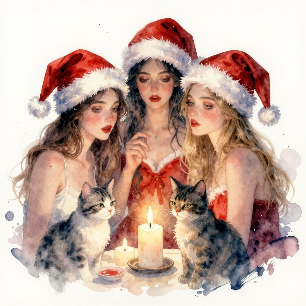 Beautiful Women with Santa Hats, Cats, and Candles in Waterc...