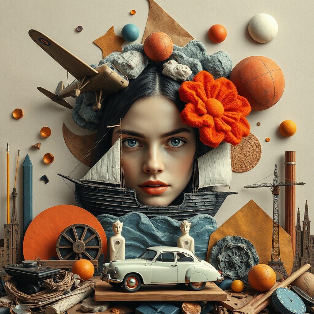 Surreal Collage: Woman's Face Amidst Retro & Geometric Eleme...