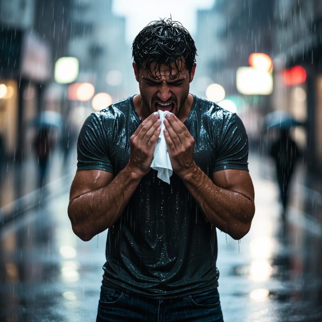 Man Sneezing in Rain, Noir Cinematic Close-Up