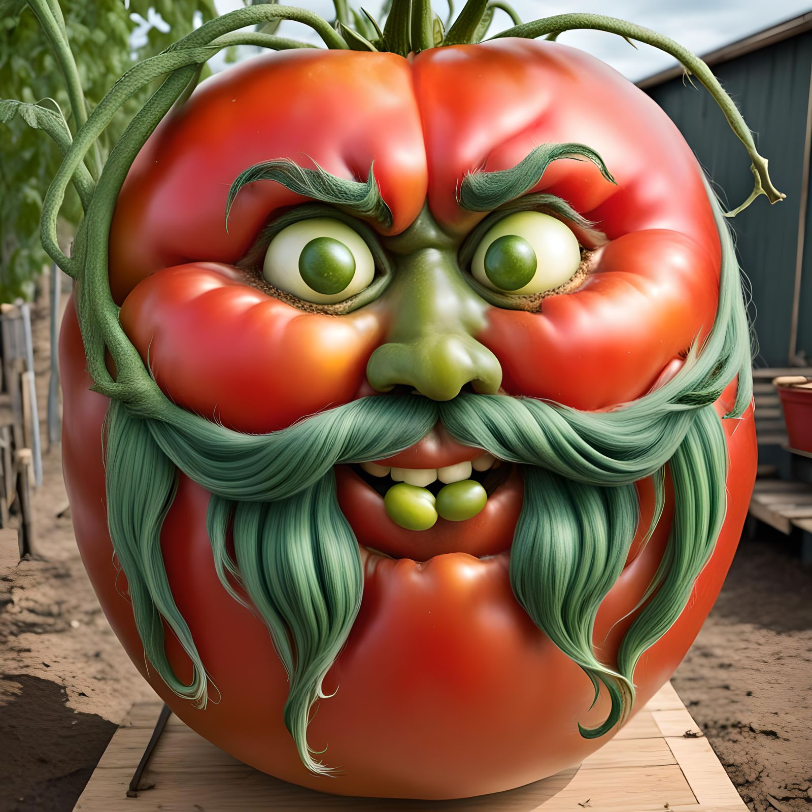 Giant Tomato with Face and Green Hair