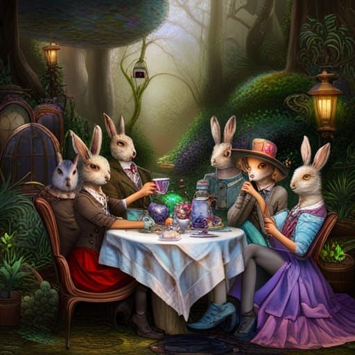 Steampunk Rabbits' Tea Party in Rainbow Forest