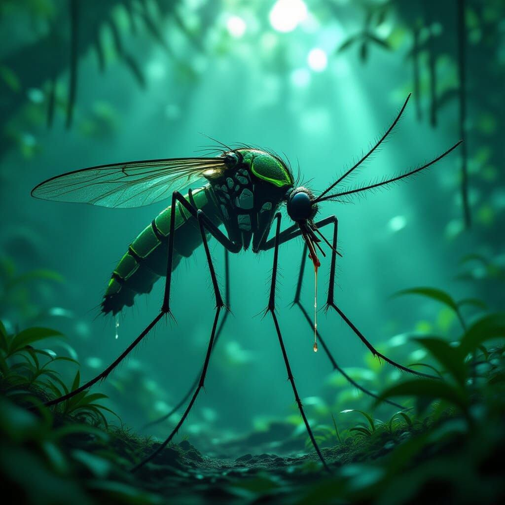 Colossal Mosquito in Foggy Jungle Clearing